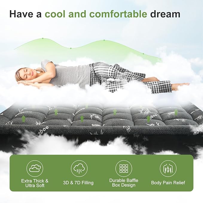 King Size Mattress Topper Viscose Derived from Bamboo, Soft Thick Pillow Top Mattress Pad Cover for Back Pain, Cooling Mattress Protector with 8-21 Inch Deep Pocket, Dark Grey