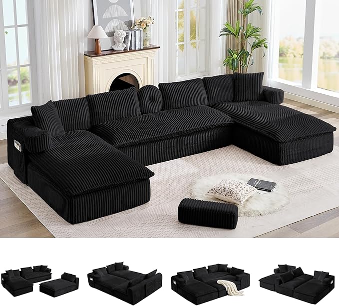 149" Oversized U Shaped Cloud Modular Sectional Sofa Boneless Couch with Double Chaise,Free Combination Convertible Floor Sofa Bed with Storage Pockets and Pillows | No Assembly