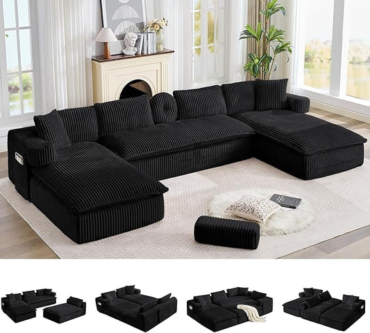 149" Oversized U Shaped Cloud Modular Sectional Sofa Boneless Couch with Double Chaise,Free Combination Convertible Floor Sofa Bed with Storage Pockets and Pillows | No Assembly
