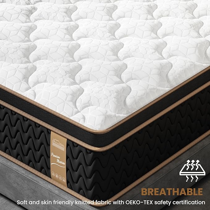 Extra Firm King Mattress 12 Inch, Cooling Hybrid Bed in a Box, 7-Zones Individual Pocket Spring, Motion Isolation, Targeted Hip/Shoulder/Lumbar Support, Fiberglass-Free, 365-Night Trial, CertiPUR-US