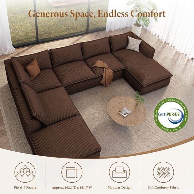 Vesgantti 141.7" Oversized Modular Sectional Sofa, Modern 7 Seater Boneless Couch with Chaise and Ottoman, Deep Seat Plush Corduroy Cloud Style for Living Room, No Assembly Required,Brown