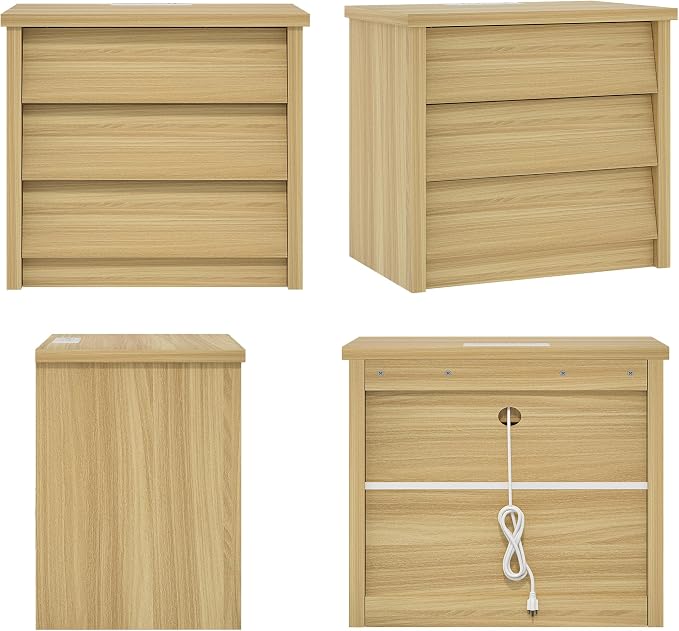 23" Wide Nightstand Set of 2 with Charger Station, Modern Night Stand with 3 Drawers, Wood End Table with USB Ports and Outlets, Storage Bedsides Table for Bedroom, Hallway (Natural) - Image 8