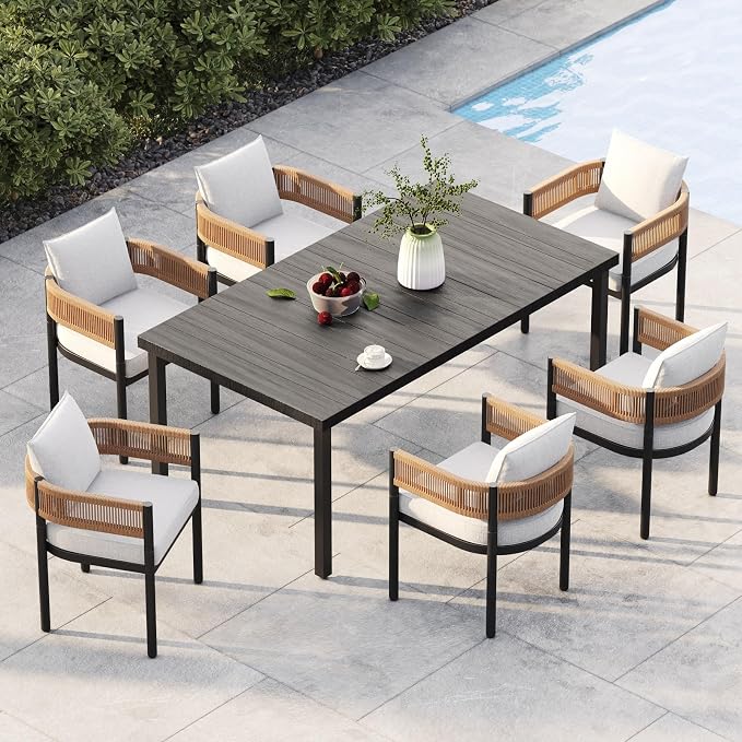 Grand patio Outdoor Dining Set for 6, 7PCS Patio Table and Chairs Set, Metal Woven Wicker Fixed Patio Chairs with Thickened Cushions & Rectangular Woodgrain Dining Table with Umbrella Hole (Natural) by GrandPatio