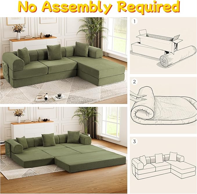 106.3" L Shape Convertible Sleeper Sofa Bed, Oversized Modular Sectional Cloud Sofa with Fixed-Shape Frame & Storage Pocket, Boneless Couch for Living Room, No Assembly Required, Green