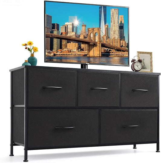 5-Drawer Dresser for Bedroom, Anti-Tip Wide Storage Organizer Fabric Chest of Drawers TV Stand for 45" TV with Wooden Top and Metal Frame for Closet, Living Room, Hallway, Entryway, Black by SageNest