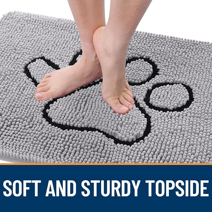 OLANLY Dog Door Mat for Muddy Paws 48x30, Paw Print Design, Absorbs Moisture and Dirt, Non-Slip Washable Doormat, Quick Dry Chenille Mud Mat for Dogs, Entry Indoor Entryway Carpet, Light Grey - Image 4