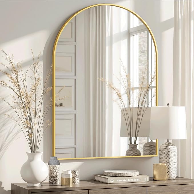 Arched Bathroom Mirror for Wall, 38" x 26" Gold Metal Frame Vanity Mirror, HD Glass Over Sink for Bathroom, Entryway, Bedroom by TRAHOME