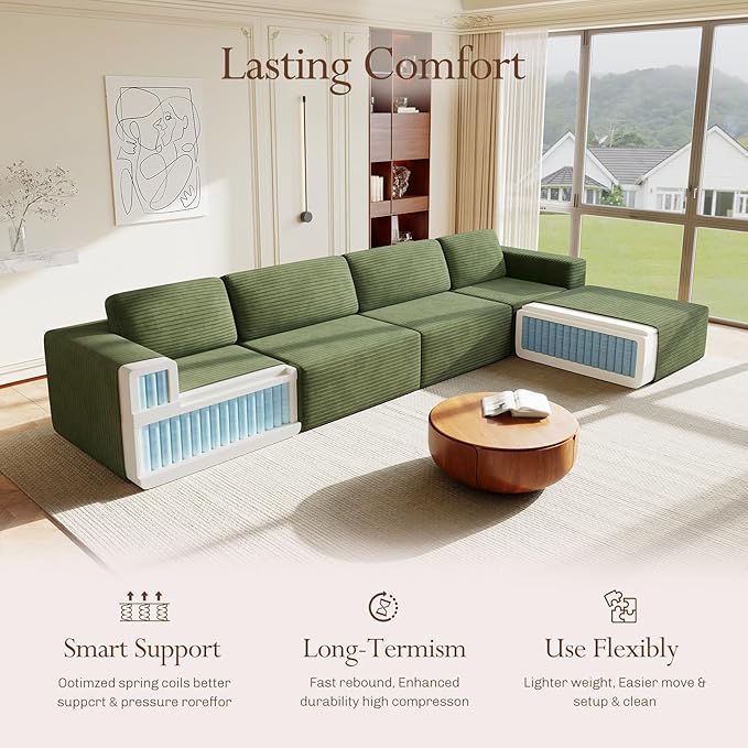 Vesgantti 159" Large Modular Sectional Sofa, L-Shaped Corduroy Cloud Couch with Deep Seats & Spring Support, 4-Seater Boneless Sofa with Movable Ottoman, No Assembly Needed, Green