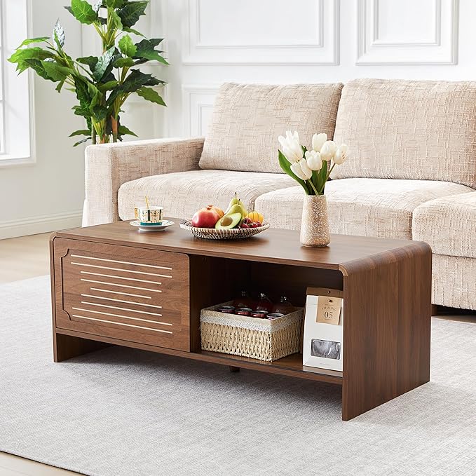 43.3'' Coffee Table, 2-Tier Rectangle Center Table with Sliding Door, Wood Modern Coffee Tables with Sturdy Base & Rounded Corners for Living Room, Office, Small Space