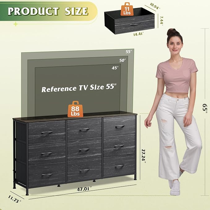 WLIVE 47''W Dresser for Bedroom, Black Dresser TV Stand for 45, 50, 55 inch TV, Wide Chest of Drawers with 9 Drawer, Large Entertainment Center, Fabric Dressers with Wood Top for Closet, Living Room - Image 3