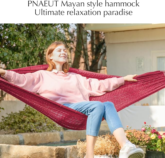 PNAEUT Handwoven Mayan Hammock, Thick Soft Rope Double Hammock for Outdoor Outside & Indoor, 600 lbs Capacity Heavy-Duty, Includes Tree Straps, Carabiners & Carrying Bag (Burgundy Fiesta Red, X-Large) - Image 3