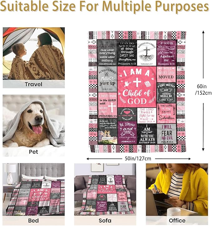 Christian Gifts for Women, Birthday Gift for Women, I Am a Child of God Blanket, Inspirational Gifts for Christians Sister, Friend, Daughter, Mom, Baptism Gifts for Girl Throw Blankets 50''x60'' Pink