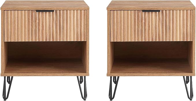 Manhattan Comfort Dumbo Modern Nightstand 1.0 with 1 Drawer and Metal Feet | Splayed Gold Legs | Vertical Ribbed Design | No Tool Assembly Storage for Bedroom & Living Room, Set of 2, Golden Brown by ManhattanComfort
