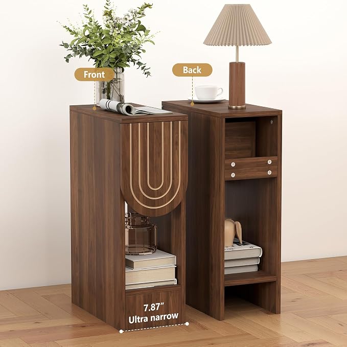 weselon Narrow Nightstand, Mid-Century Modern Bedside Table with Carved Drawer and Storage Shelf, Slim Side End Table for Bedroom Small Space, Wooden Farmhouse Night Stand (1, Walnut) - Image 7
