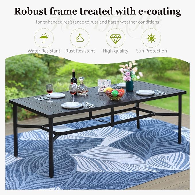 HERA'S HOUSE 9 Pieces Patio Dining Set, Outdoor Metal Table and Chairs Set for 8, 83" Rectangular Table with 1.71" Umbrella Hole, 8 x Textilane Patio Dining Chairs for Lawn Garden Backyard Deck - Image 2