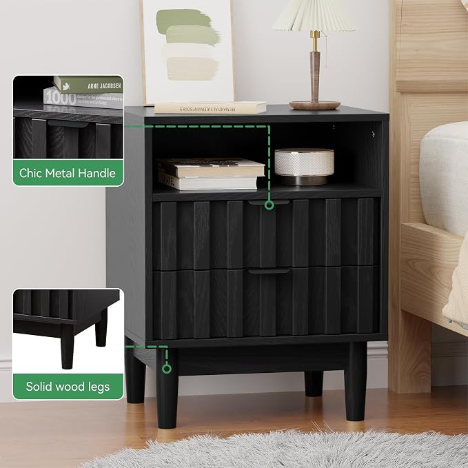 Fluted Nightstand, 19" Wide Night Stand with Solid Wood Legs, Open Storage Shelf, Mid Century Modern Wooden Bedside Table for Bedroom, Bed End Side Table, Black - Image 5