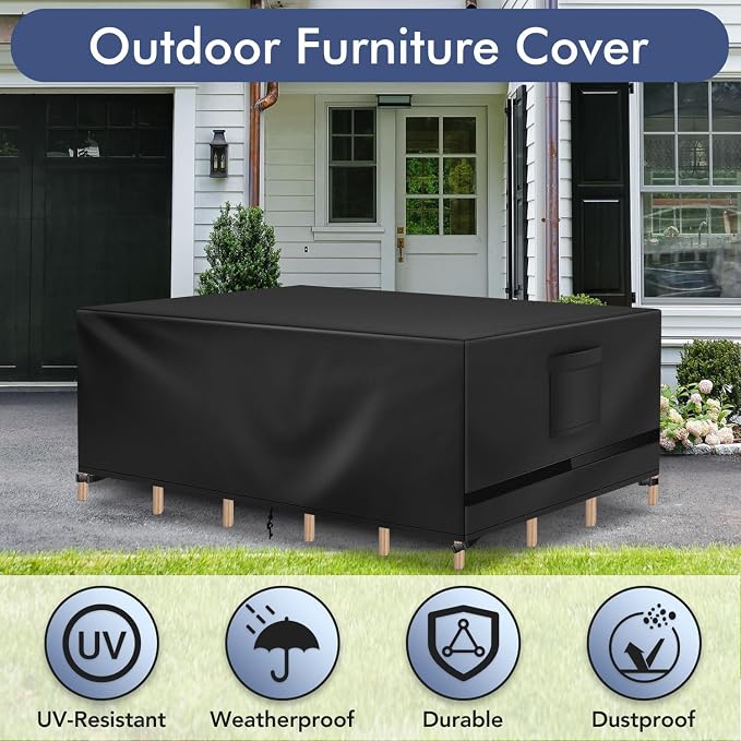 Richwon Patio Furniture Cover, Waterproof Rectangle Outdoor Table Cover, Heavy Duty Sectional Set Protection 108"L x 82"W x 28"H, Black - Image 5