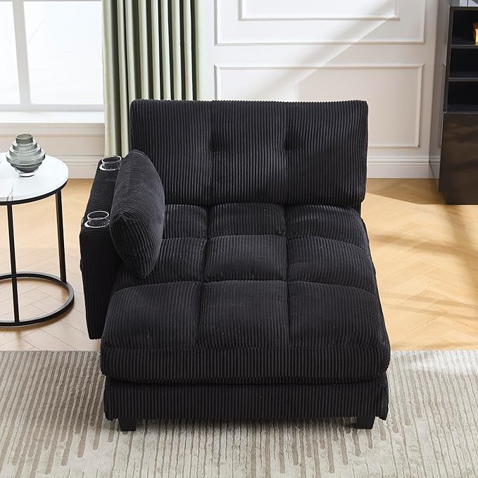 Oversized Lounge Chaise Convertible Sleeper Sofabed, Corduroy Sleeper Daybed Indoor Recliner Chair Sofa Bed with Cupholders and Adjustable Headrests for Living Room Bedroom Reading Home Apartment