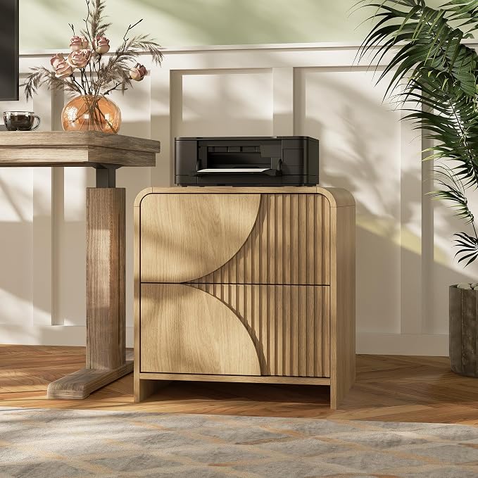 Nightstand Set of 2,Fluted Nightstand with Charging Station,20" Side Table with 2 Drawers Modern Night Stand Wooden End Table Bedside Table with Curved Design for Bedroom,Natural Oak - Image 6
