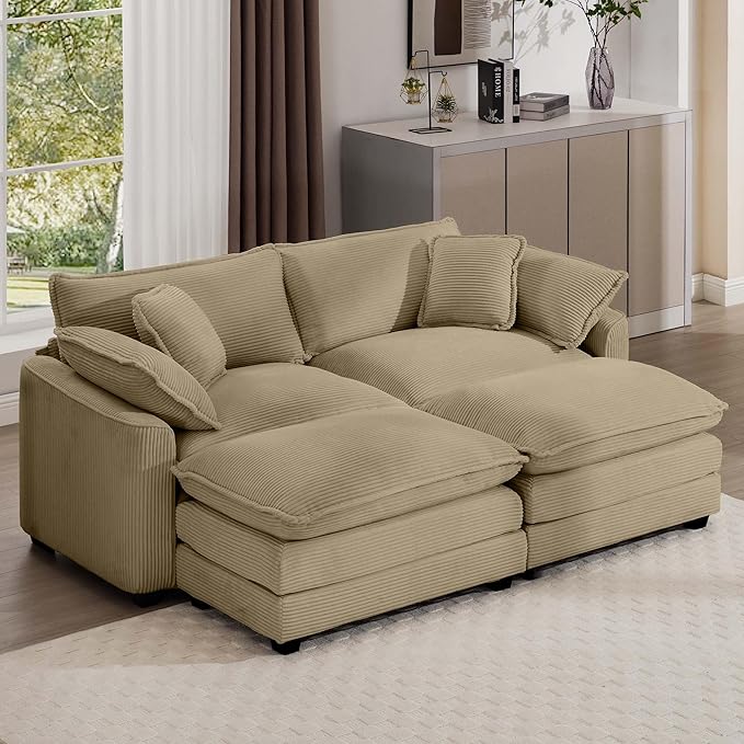 KEIKI 80" Oversized Corduroy Modular Sectional Loveseat Sofa with 2 Ottoman, High-Density Foam Cushions, Removable Armrests, Upholstered 2-Seater Corner Couch with 4 Pillow, for Living Room, Tan