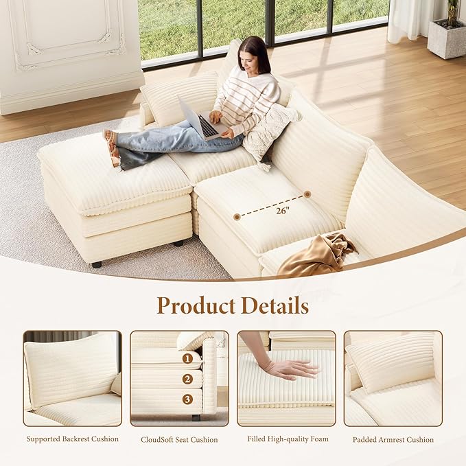 Vesgantti Large Modular Sectional Sofa, Big Comfy Cloud Couch with Ottoman Deep Seat Corduroy Cloud Sofa, 9 Seater Large Sectional Couches for Living Room, Bedroom and Apartment, Beige
