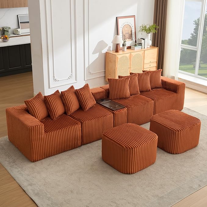 Oversized Cloud Modular Sectional Sofa Boneless Couch with Movable Ottomans,Free Combination Memory Foam Floor Couch with Charging Port & Cup Holders for Living Room | Coffee Table Board, Wireless Charge, No Assembly