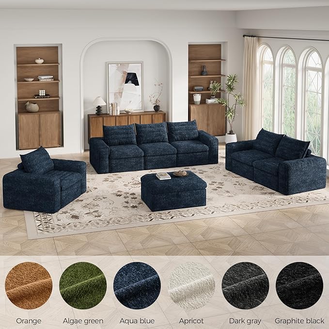 106.7" Modular Sectional Sofa with Deep Seat, Upholstery L Shaped Cloud Couch for Living Room, 3-Seater Modern Boneless Sofa with Movable Ottomans, Removable Cover, No Assembly Required, Aqua Blue