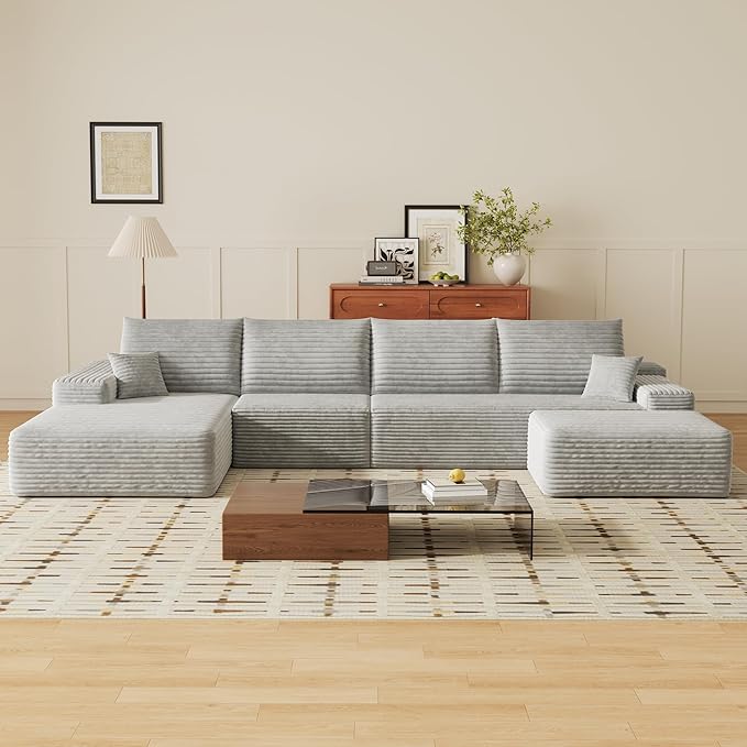 135" U Shaped Sectional Couch with Ottoman, Large Sectional Couches for Living Room, Plush Corduroy Convertible Sleeper Sofa, Compressed Foam Sofa in a Box No Assembly, Left Facing Chaise, Grey