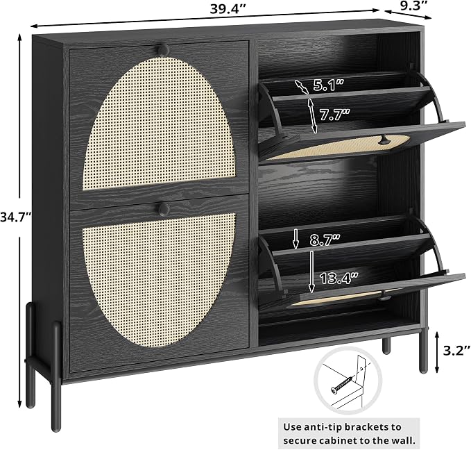 IRONCK Rattan Shoe Cabinet Storage with 4 Flip Drawers, Freestanding Shoe Storage Organizer Cabinet for Entryway, Narrow Shoe Rack Cabinet, Matte Black - Image 3