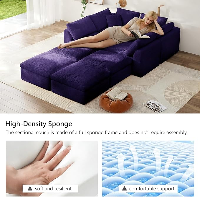 Modular Sectional Sofa Boneless Cloud Couch for Living Room, U Shape Deep Seat Recliner Sofa with Ottoman, Adjustable Backrest & 2 Throw Pillows - Covers Washable, (Purple, 4 Seater+4 Ottoman)