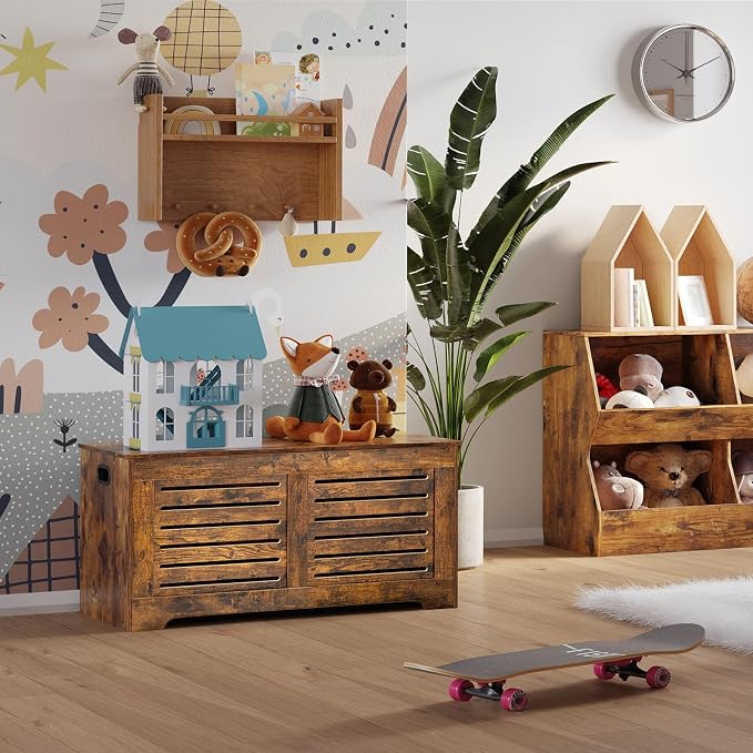 DINZI LVJ Storage Chest, 43.3” Wooden Toy Box with 2 Safety Hinges, Retro Entryway Shoe Storage Bench with Flip-Top, Sturdy Large Storage Trunk for Living Room, Bedroom, Easy Assembly, Rustic Brown - Image 2