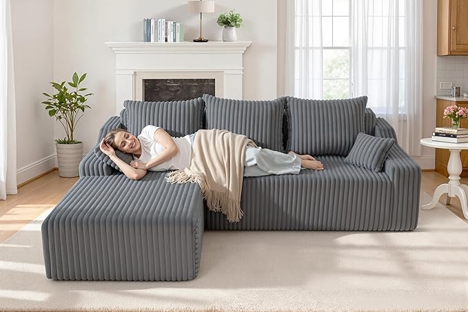Homguava 94'' Cloud Sectional Couch, Modular L-Shape Couch with Chaise, Boneless Sofa with Deep Seat for Living Room Bedroom,No Assembly Required(Grey,Left Facing Chaise)