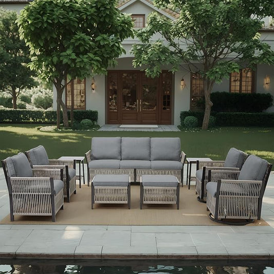 9 Piece Wicker Outdoor Furniture Set, Outdoor Swivel Rocker Chairs Set of 4 with Glass Side Tables Set of 2, Ottomans and Rattan Sofa, Patio Conversation Set for Deck Backyard Poolside (Grey)