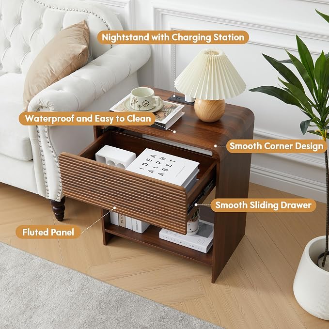 XUZENEST Fluted Nightstand Set of 2 with Charging Station, Modern Bed Side Table End Table with Drawer Storage, Large Wooden Night Stands Bedside for Bedroom Living Room Sofa Office, Walnut 2 Sets - Image 4
