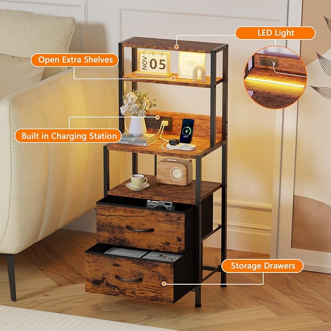 Furnulem Night Stand, Tall Nightstand with 4-Tier Shelves, 2 Fabric Drawers and LED Lights, Bed Side Tables with Charging Station, Bedside Table for Bedroom, Office, Rustic Brown - Image 4