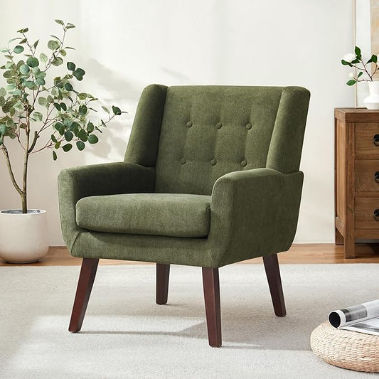 HUIMO Accent Chairs for Living Room,Button-Tufted Upholstered Armchair with Wooden Legs,Comfy Mid Century Modern Chair for Bedroom Apartment Waiting Room Green