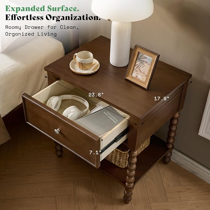 AMERLIFE 24" Walnut Nightstand, Vintage Bedside Table for Bedroom, Solid Wood Night Stand with Turned Legs, End Table with Drawer & Open Shelf, Large/Tall Nightstand, Walnut Finish - Image 6