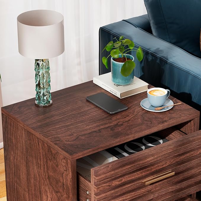 Whalefall Night Stands Set of 2, Fluted Bedside Table with Drawer, Mid Century Modern Nightstand, End Table Bed Side Tables for Bedroom, Accent Tables with Wood Legs, Brown 2pcs - Image 9