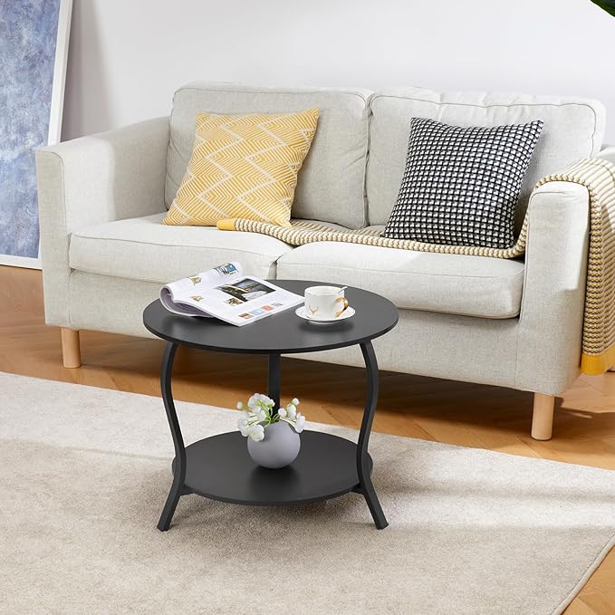 Small Round Coffee Table with Open Storage,23" 2-Tier Coffee Side Tables for Small Space, Accent Center Table Circle Sofa End Table with Wooden Table Top for Living Room Bedroom Apartment,Black