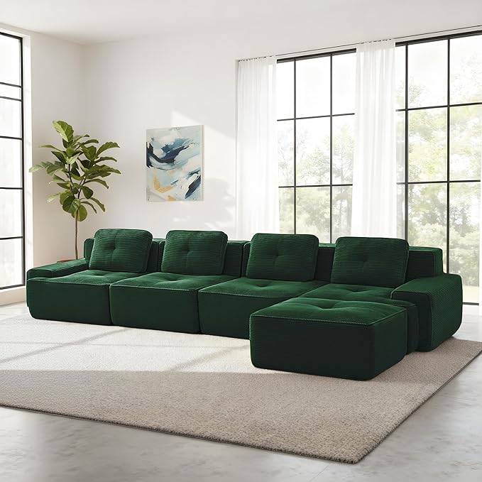 Casaphoria 150'' Corduroy Cloud Couch, 4-Seat L-Shaped Sectional Sofa with 4 Pillows & Ottoman for Living Room, Deep Seat Boneless Couch for Modern Apartment, No Assembly Required, Green