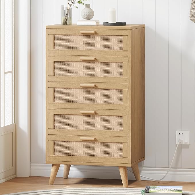 Rovaurx Modern 5 Drawer Dresser for Bedroom, 42.7" Tall Rattan Chest of Dressers with Charging Station, Dresser Chest with Wooden Handles, Beside Table for Closet, Living Room and Entryway, Natural - Image 3