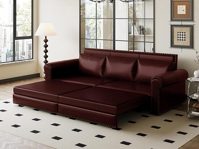 Eafurn 93.7" King Size Pull Out Sofa Bed, 3-in-1 Convertible Sleeper Sofa Couch Bed with Nailhead Decor and Rolled Arms, Faux Leather Oversized Chesterfield Loveseat Chaise Lounge
