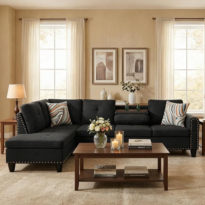 L-Shaped Sectional Couch with Cup Holders, Living Room Sofa with Lounge Chaise, Modern 4 Seater Sofa Couch for Living Room, Small Apartment & Office, Black Gray