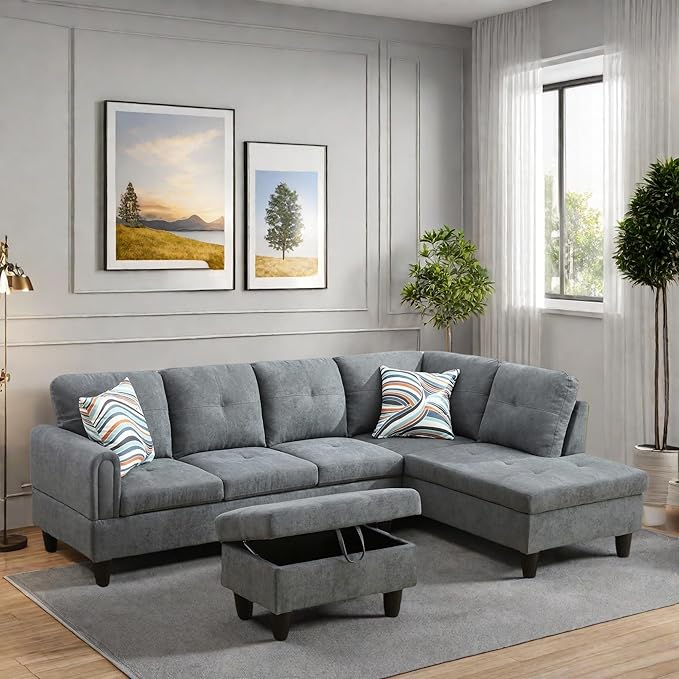 FONTOI L Shaped Sectional Couches, Modern Modular Sectional Sofa for Living Room Bedroom Furniture, Comfortable 4 Seat Couch with Ottoman Storage & Chaise, Gray