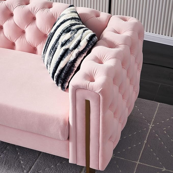 KEIKI 84" Chesterfield Velvet Tufted Button Sofa with Removable Cushions and 2 Toss Pillows, Modern 3-Seater Couch with 4 Gold Metal Legs, Easy Assembly, for Living Room, Bedroom, Apartment, Pink