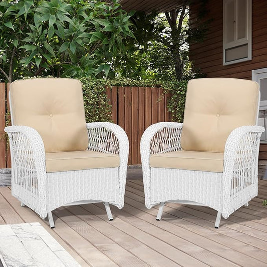 MEETWARM Patio Wicker Rocking Glider Set, All-Weather Outdoor Rattan Patio Rocking Chairs of 2, Patio Conversation Set with Thickened Cushions for Porch Garden & Backyard, White Wicker/Beige