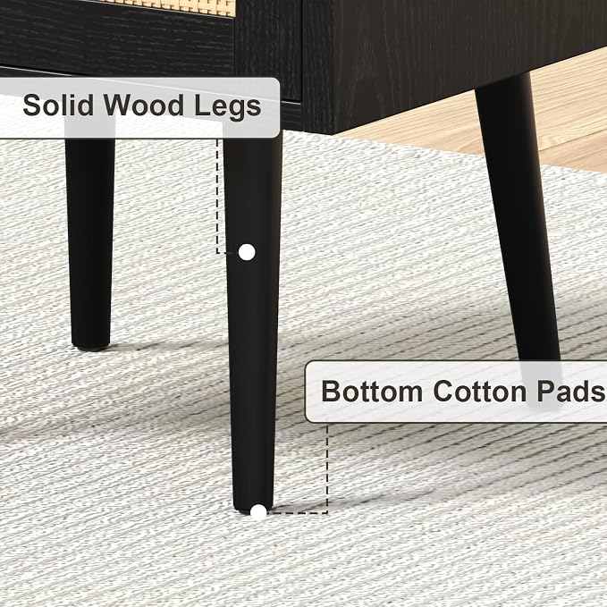 MECHYIN Night Stand Set 2, Nightstands Set of 2 with Charging Station, Rattan Side Tables with Solid Wood Legs, Boho Bedside End Table for Apartment Bedroom Dorm Small Space - Image 8