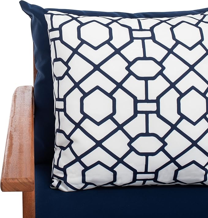 SAFAVIEH Outdoor Collection Deacon Natural Acacia Wood/Navy Cushion 4-Piece Conversation Patio Set with Accent Pillows