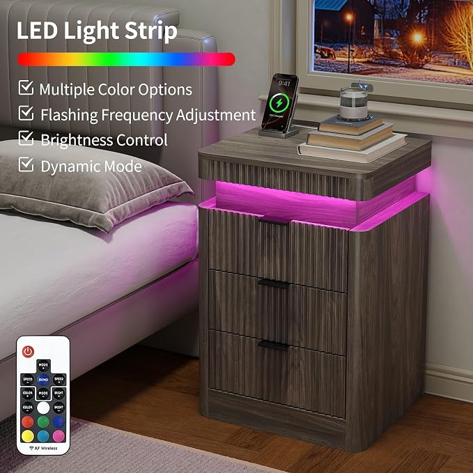 Yanosaku Night Stand Set of 2 with Charging Station, 3-Drawer Fluted LED Bedside Tables with Sliding Top & USB Outlets, Modern End Tables for Small Bedroom Living Room, Light Brown - Image 4