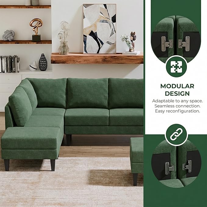 4-Seat U-Shaped Modular Sofa with Double Storage Ottoman - Space-Saving Convertible Lounge Couch for Home & Office, Green